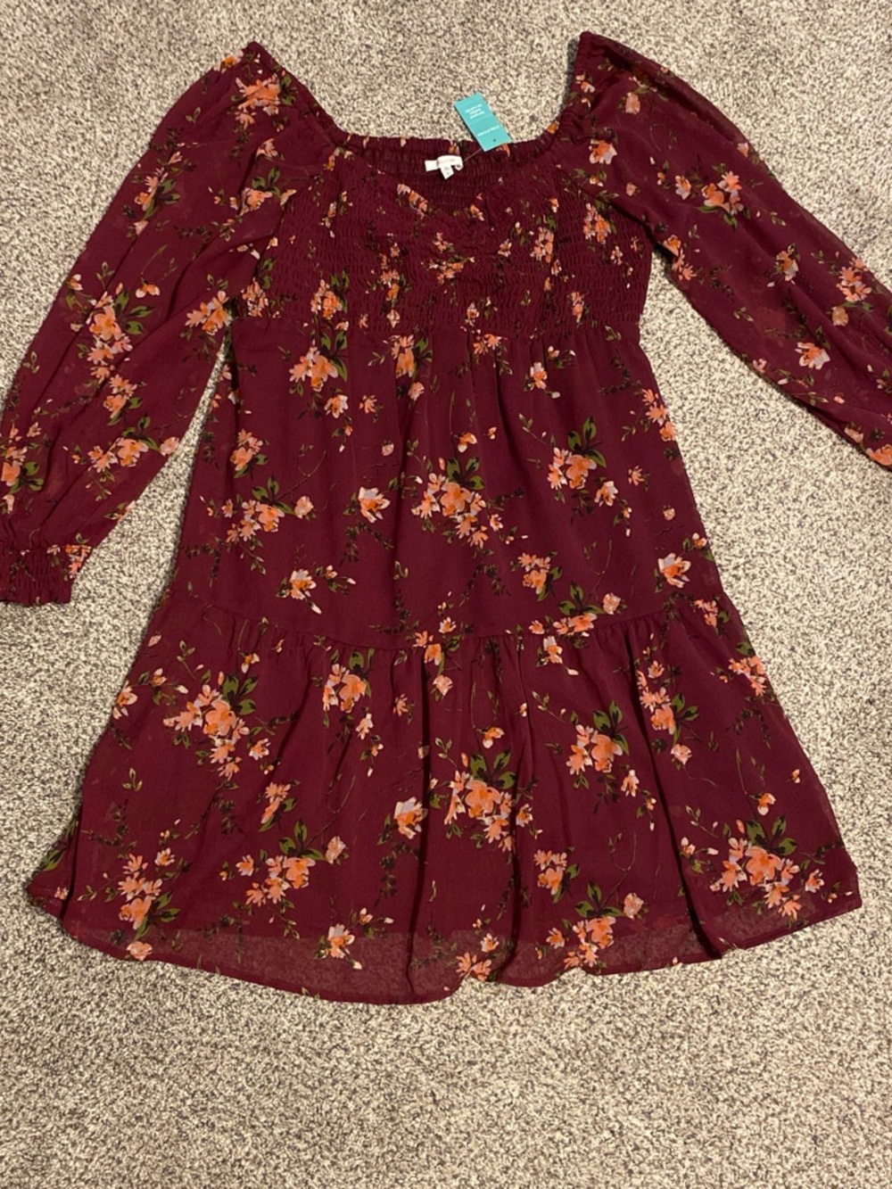 Maurices NWT Maroon Floral Smocked Midi Dress with Mesh Sleeves
